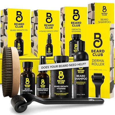 The Beard Club Advanced Beard Growth Kit - Derma Roller, Beard Growth Oil, Beard Growth Vitamins and Beard Growth Vitamin Spray, Beard Shampoo and Beard Brush - Gift Set - Cedar