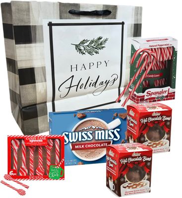 CandyRific Milk Chocolate Peppermint Holiday Gift Set Candy Canes Spoon, Swiss Miss Milk Chocolate Hot Cocoa, 2- Hot Cocoa Chocolate Bombs, Spangler Candy Canes, Christmas Bags Design May Varies