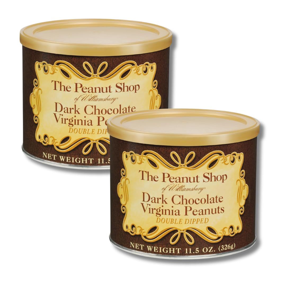 The Peanut Shop of Williamsburg Virginia Peanuts, Double Dipped Dark Chocolate Covered Peanuts, Gift Pack of 2, 11.5 oz. Tins By Lyzas Sweets Treats