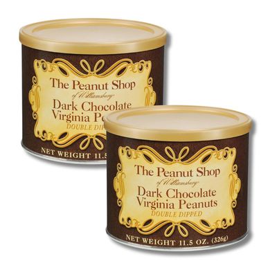 The Peanut Shop of Williamsburg Virginia Peanuts, Double Dipped Dark Chocolate Covered Peanuts, Gift Pack of 2, 11.5 oz. Tins By Lyzas Sweets Treats