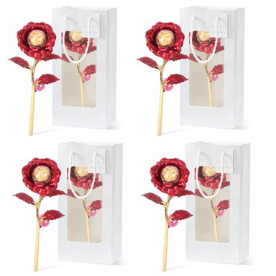 KWOLYKIM Mothers Milk Chocolate Rose, Macaron Red Rose Flower Gifts and Gift Bags with handle for Valentine Party Back to School Workers Pack of 4