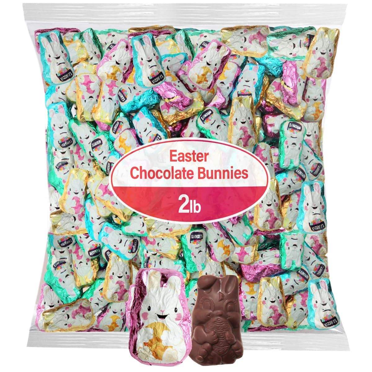 Hershes Easter Bunny Chocolate Treats, Bulk Candy, Individually Wrapped, Assorted Pastel Colors for Egg Hunts and Baskets 2 pounds