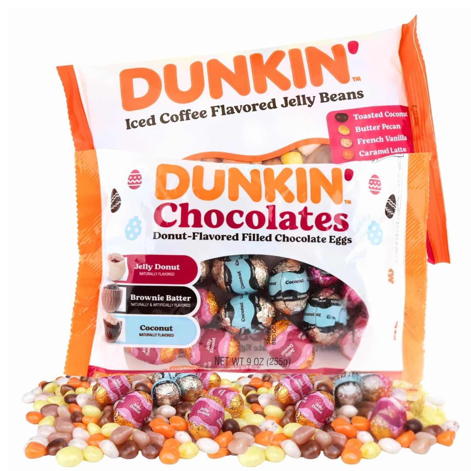 Sweetzo Dunkin Easter Candy Assortment, Individually Wrapped Chocolates and Jelly Beans, Egg and Basket Fillers, 9 Ounces Each Pack of 2, Full Size