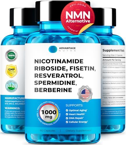 AdvantageNutra NMN Supplement Alternative - Liposomal Nicotinamide Riboside, Fisetin, Resveratrol, Spermidine, Berberine - High Purity NAD Supplement for Anti Aging, Heart 60 Capsules