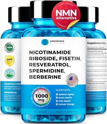 AdvantageNutra NMN Supplement Alternative - Liposomal Nicotinamide Riboside, Fisetin, Resveratrol, Spermidine, Berberine - High Purity NAD Supplement for Anti Aging, Heart 60 Capsules