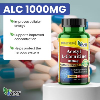 America Medic Science Acetyl L-Carnitine 1000mg 60 Tablets Dietary Supplement for Men and Women Promotes Energy Production Supports Brain Health Helps Improve Memory and Focus
