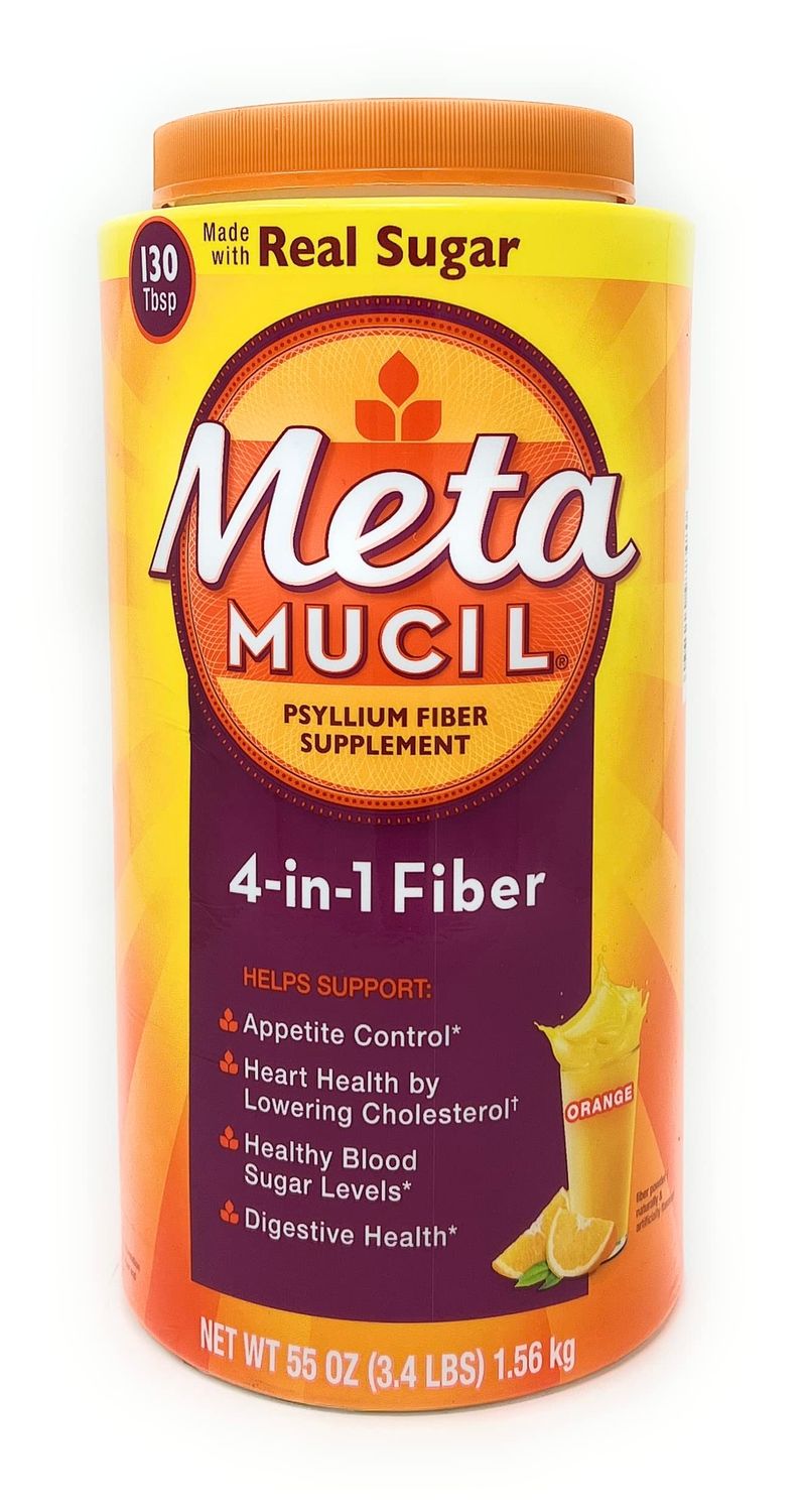 Metamucil Fiber 4-in-1 Psyllium Fiber Supplement Powder with Real Sugar, Orange 55 oz