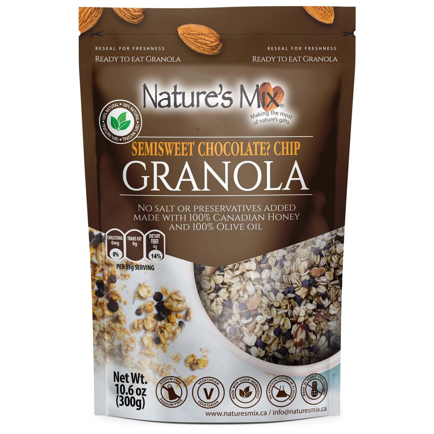 Natures Mix - Chocolate Chip Granola - Almonds, Chocolate Chips, and Canadian Honey - Dairy and Soy Free - No Added Sugar or Preservatives - Small