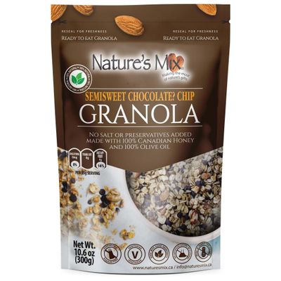 Natures Mix - Chocolate Chip Granola - Almonds, Chocolate Chips, and Canadian Honey - Dairy and Soy Free - No Added Sugar or Preservatives - Small