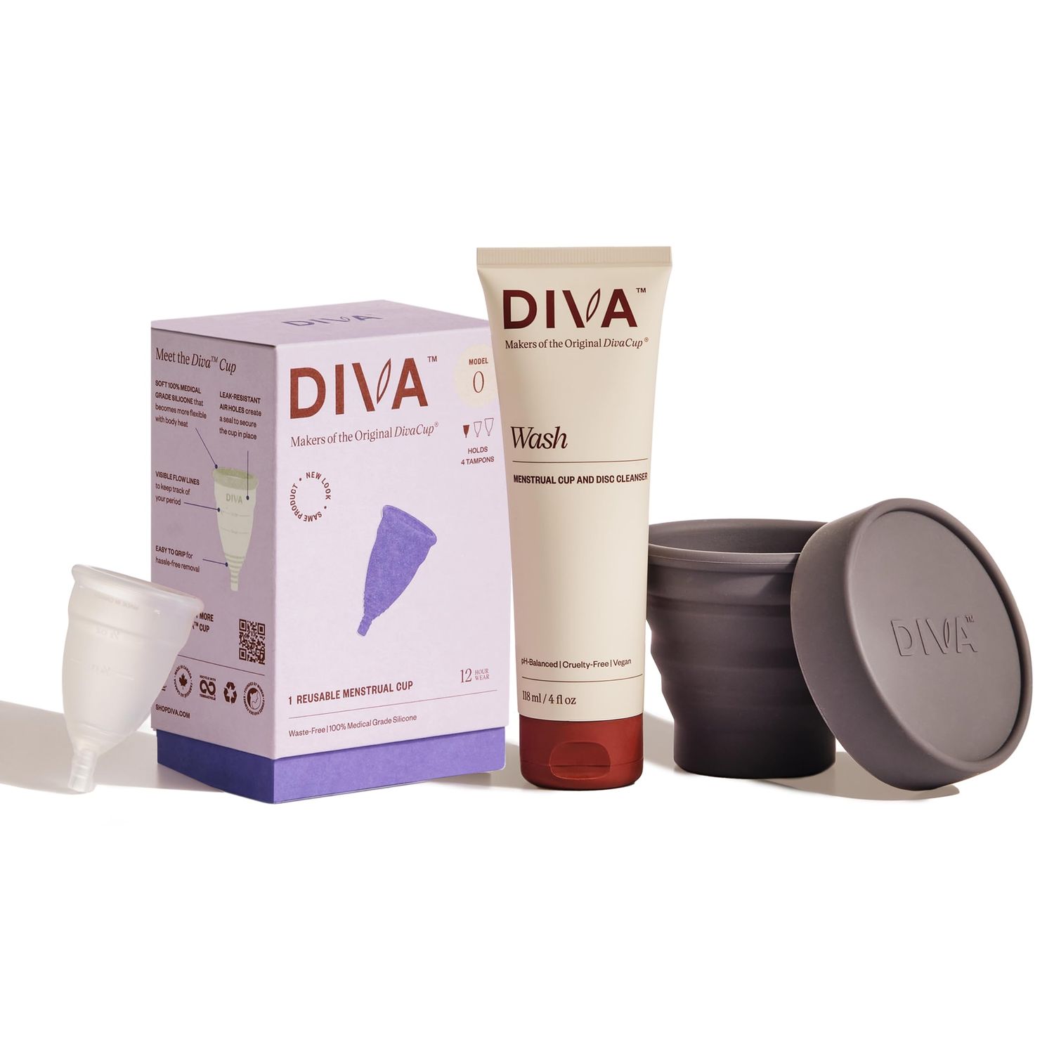 Diva Cup, Wash Shaker Combo Pack - Medical Grade Silicone - for Period Care - with Wash - Shaker for On-The-Go Cleansing - Cup Model 0 for Slim Vaginal Canals First-Time Users