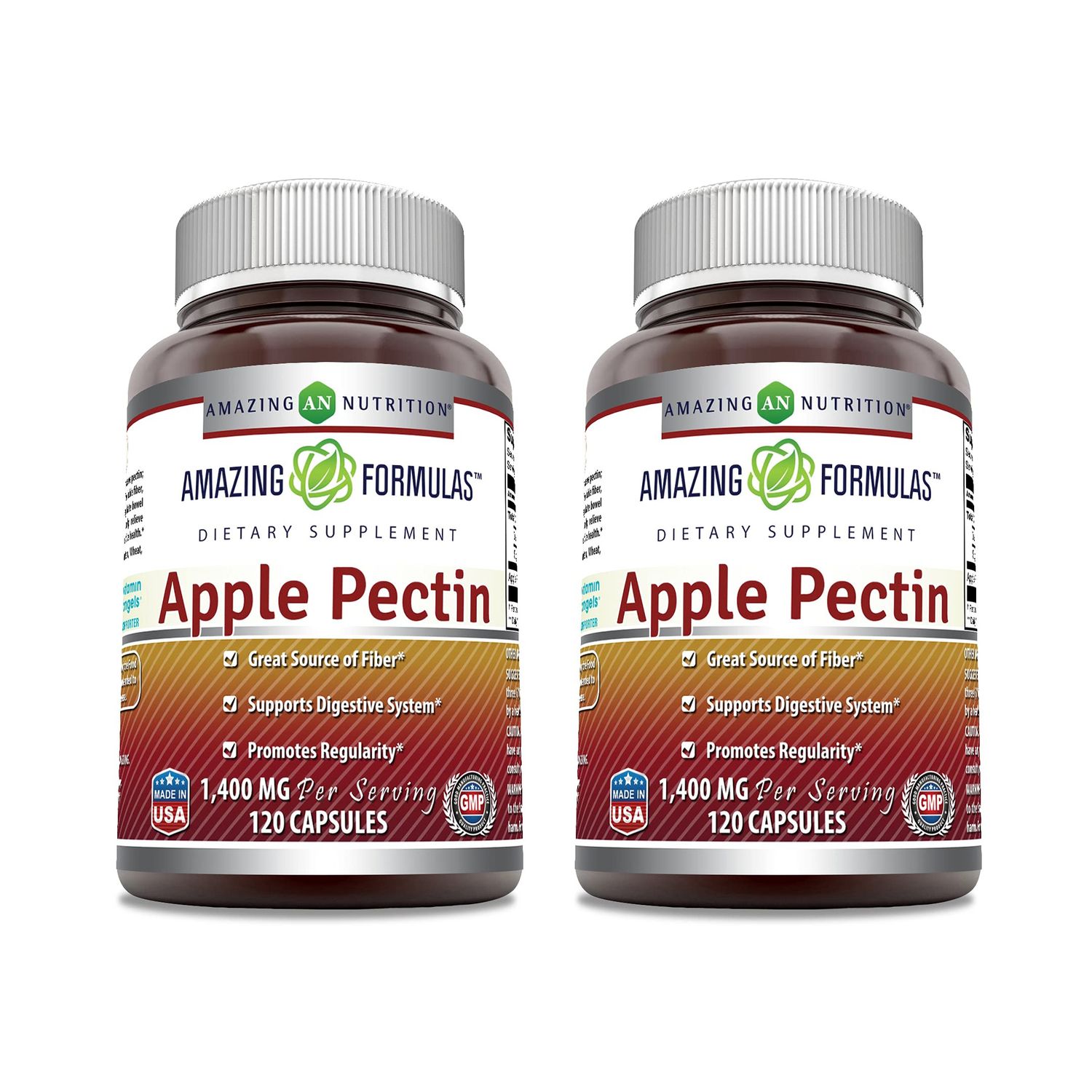 Amazing Formulas Apple Pectin 1400 mg Per Serving Supplement Capsules Non-GMO Gluten Free Made in USA 120 Count 2 Pack