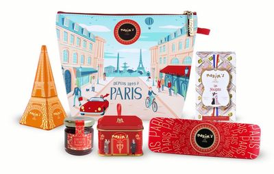 Maxims De Paris - Bonjour Gift Pouch, Assortment of French Delicacies in a Paris Style Pouch: Chocolate, Nougat, Jam, Eiffel Tower Tin Box, Pencil Tin Box, Mini House Tin Box