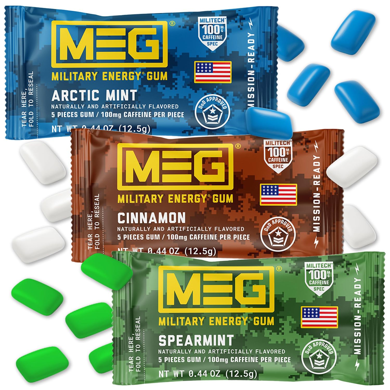 MEG Gum - Military Energy Gum 100mg of Caffeine Per Piece - 15 piece Sample Pack - Energy and Focus to Boost Performace