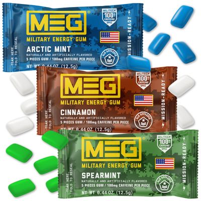 MEG Gum - Military Energy Gum 100mg of Caffeine Per Piece - 15 piece Sample Pack - Energy and Focus to Boost Performace