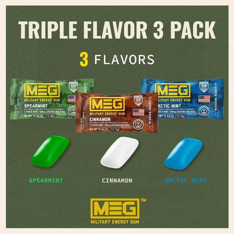 MEG Gum - Military Energy Gum 100mg of Caffeine Per Piece - 15 piece Sample Pack - Energy and Focus to Boost Performace
