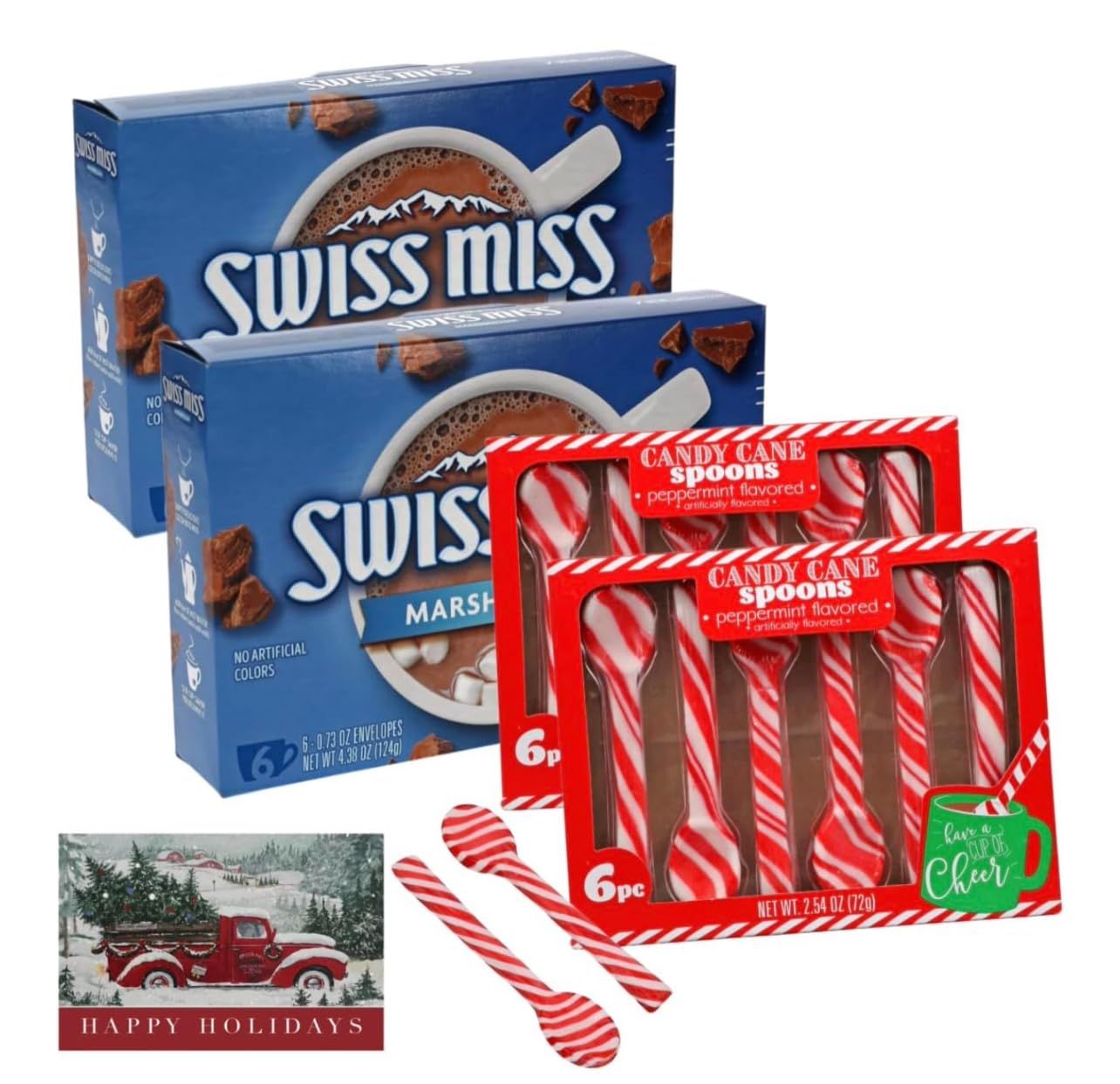 Hot Cocoa Mix with Marshmallow Peppermint Candy Cane Spoons 12 Envelopes and 12 Spoons, Swiss Marshmallow Mix