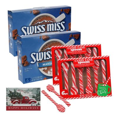 Hot Cocoa Mix with Marshmallow Peppermint Candy Cane Spoons 12 Envelopes and 12 Spoons, Swiss Marshmallow Mix