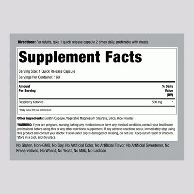 Piping Rock Raspberry Ketones 500mg 160 Capsules Non-GMO Gluten Free Supplement