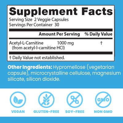 Doctors Best Acetyl-L-Carnitine, Supports Mental Focus Alertness, Non-GMO, Gluten Free, Soy Free, Vegan 60 Veggie Caps