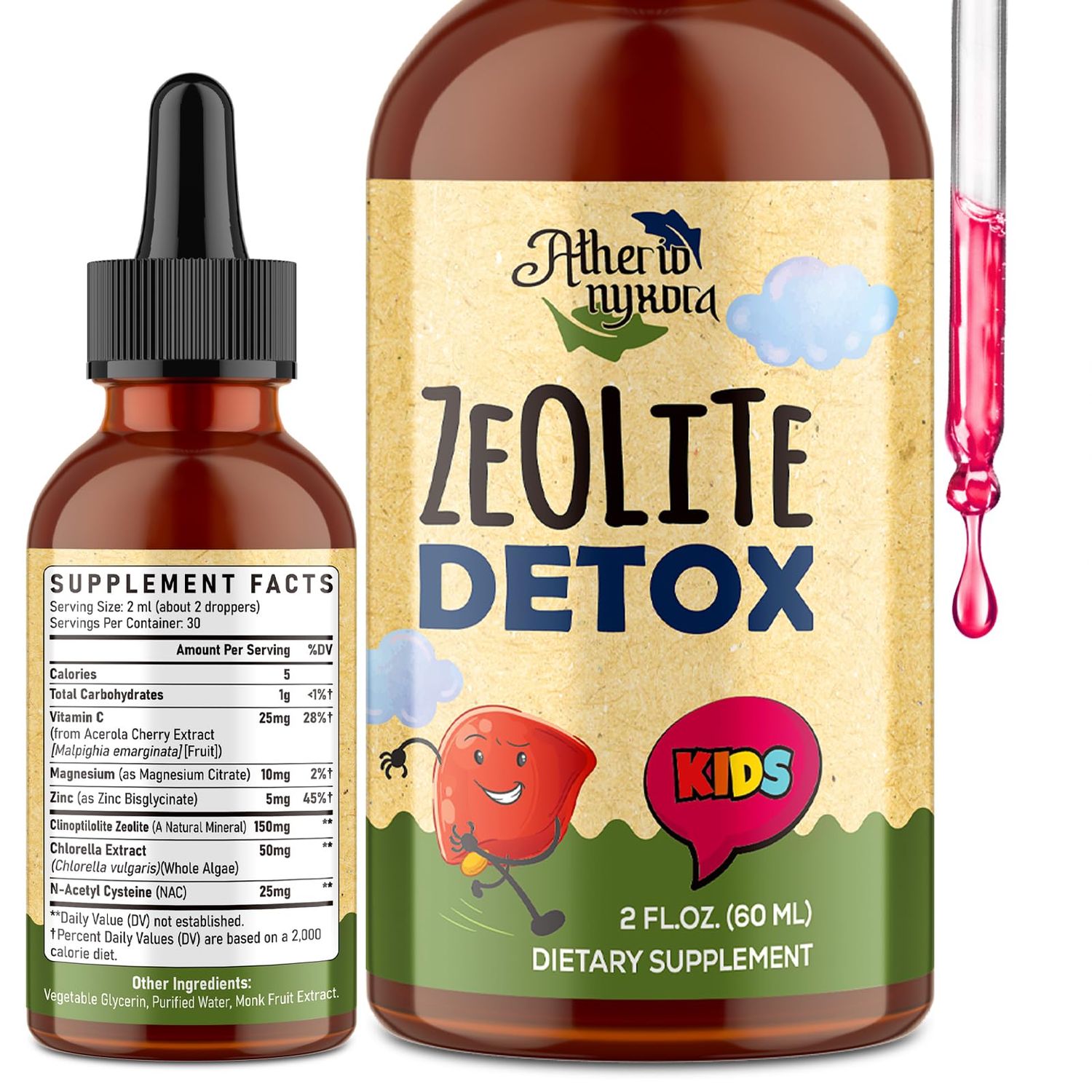 Atherionyxora Zeolite Detox for Kids - Detox Supplement Dual Detoxification, Gentle Natural Sweet-Tasting, Contains Clinoptilolite Zeolite, Vitamin C, Magnesium, and Zinc,60ml
