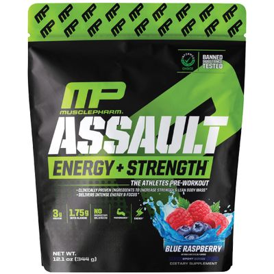 Muscle Pharm Assault Energy &amp; Strength Pre Workout Powder for Men &amp; Women with Beta Alanine, Caffeine, Creatine &amp; Betaine Anhydrous, Pre-Workout Supplements, 30 Servings, Blue Raspberry Flavor