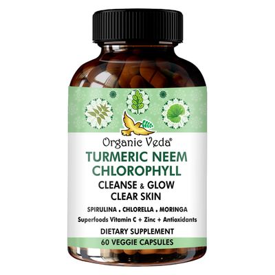 Organic Veda Turmeric Neem Chlorophyll, Glowing Clear Skin, Acne Supplement, Gut Health Total Body Cleanse - Greens Antioxidants, Spirulina, Chlorella, Moringa, Vitamin C Zinc - 60 Capsules