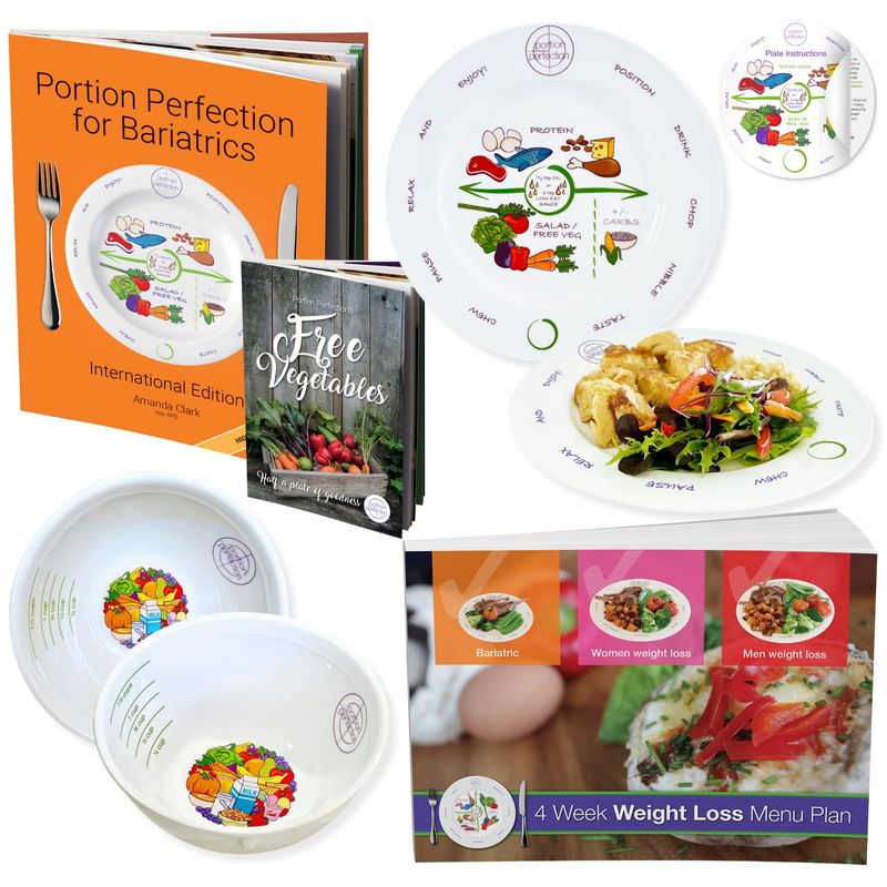 Portion Perfection Bariatric Surgery Must Haves: Melamine Post-Op Weight Control Kit With Measuring Bowls and Plates for Portion Control, Eating Plan Cookbook