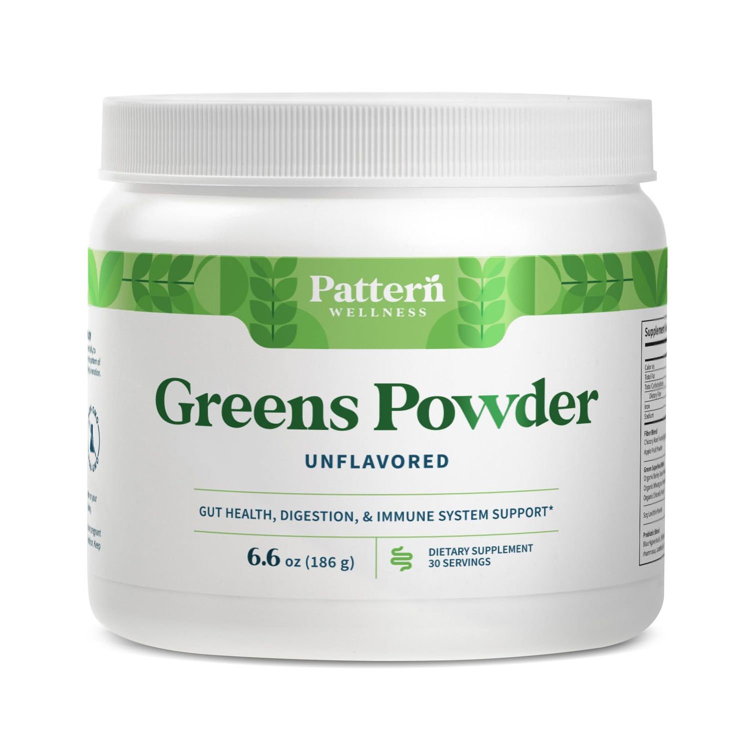 Pattern Wellness Greens Powder Superfood - Complete with Antioxidant, Digestive Enzyme, Fiber, Probiotic, Adaptogen Blends - Gut, Digestion, Immune System - 30 Servings - 6.6 oz Unflavored