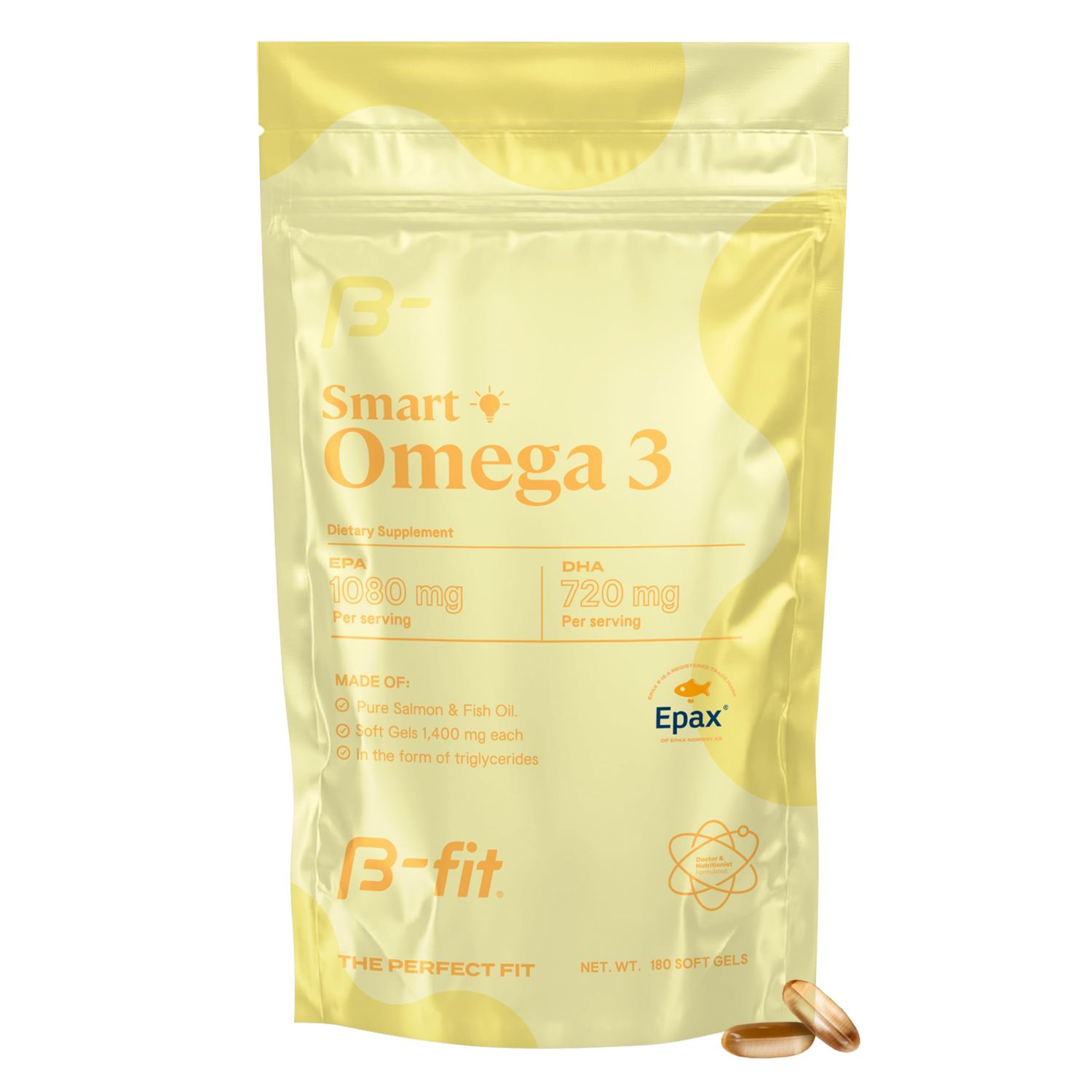 B-FIT B Fish Oil Omega 3 Supplements - 1800 mg Fatty Acids - 1080 mg EPA and 720 mg DHA - 180 Capsules from Norwegian Salmon Cold-Water Fish - EPAX Patented - Odorless Softgel Capsules