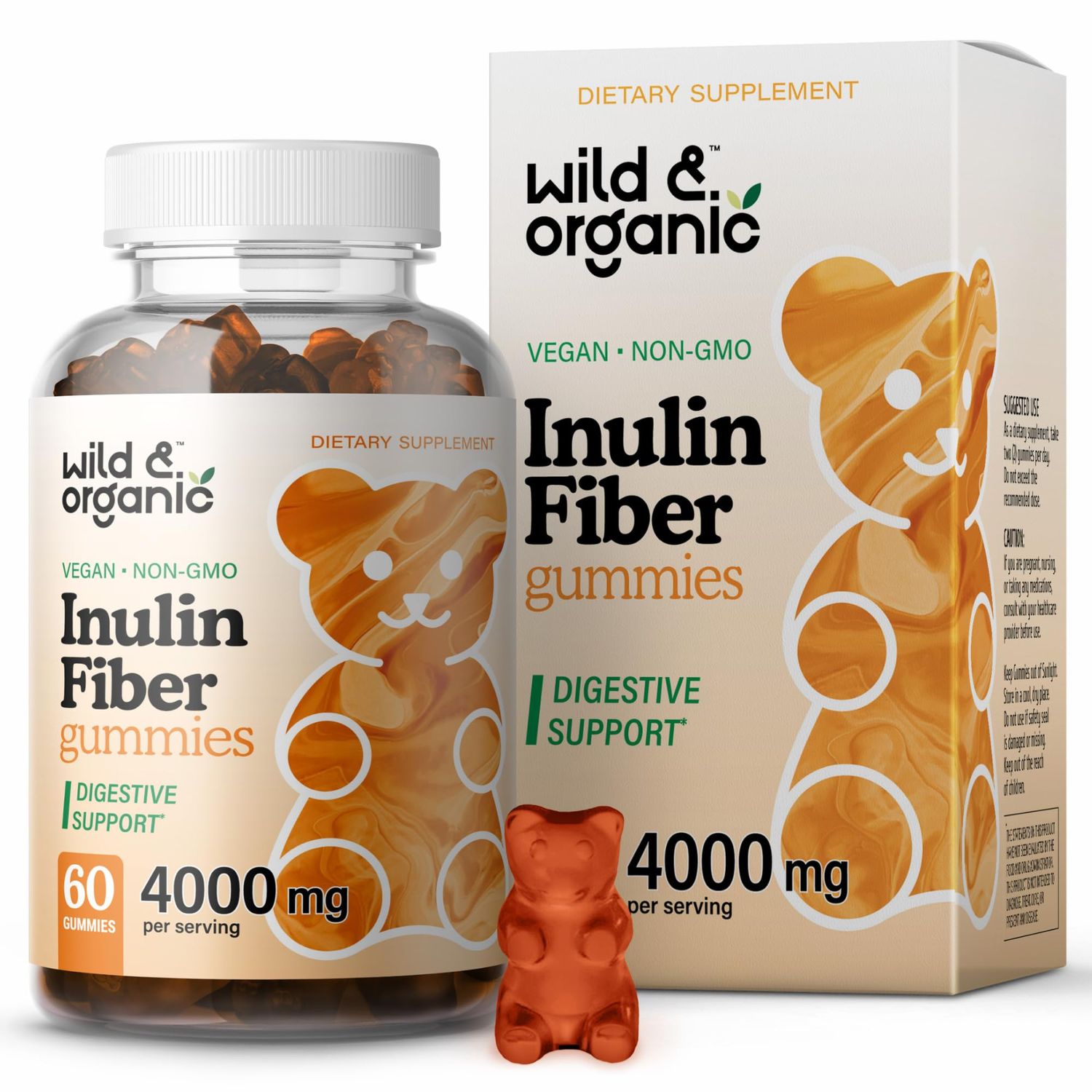 Wild Organic Inulin Fiber Gummies 4000mg - Digestive Support wChicory Root - Soluble Fiber Supplement wInulin Powder - Prebiotics for Gut Support - 60 Prebiotic Gummies