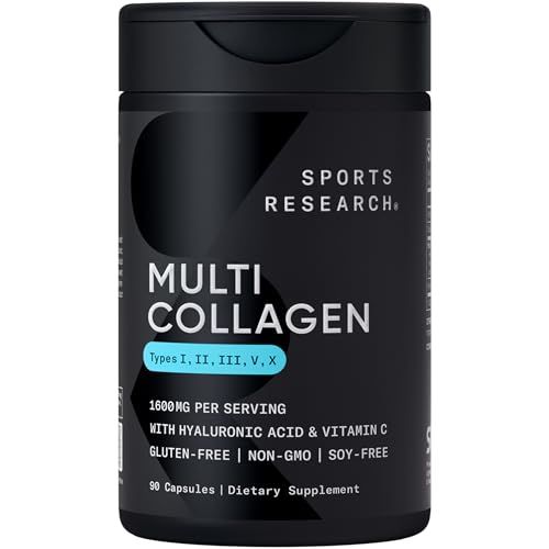 Sports Research Multi Collagen Pills Type I, II, III, V, X Hydrolyzed Collagen Peptides with Hyaluronic Acid Vitamin C Non-GMO Verified Gluten Free - 90 Capsules