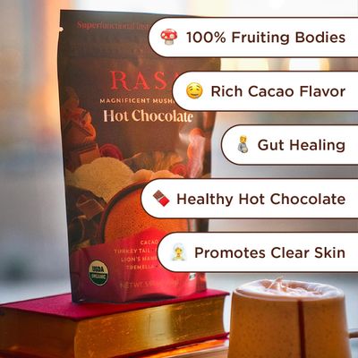 Rasa Magnificent Mushrooms Hot Chocolate Adaptogenic Hot Cocoa Mix, Made With Organic Cacao and Organic Mushrooms Superfunctional Instant Hot Chocolate 6 oz 14 servings