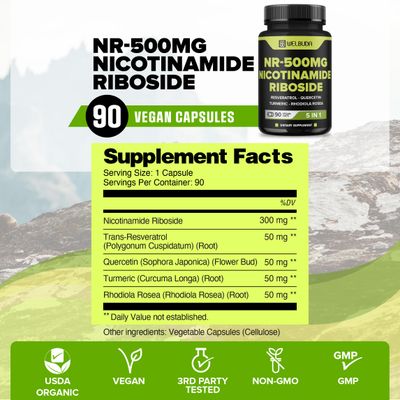 WELBUDA 5in1 NAD Nicotinamide Riboside Supplement with Resveratrol, Quercetin, Turmeric, Rhodiola Rosea - 90 Count for 90 Days