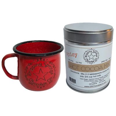 Dripping Springs Chocolate Co Spicy Hot Chocolate Gift Set - 8.5 Oz Spicy Hot Cocoa Mix Canister Camp Mug - Delicious Rich Dairy-Free, Soy-Free, Gluten-Free, Vegan Treat - Made in Texas, USA