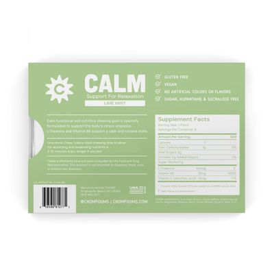 Calm - Chomp Gums - Healthy Chewing Gum - L-Theanine Vitamin B6 Vitamin C - Supports a Calm and Relaxed State - Lime Mint Flavor - Gluten Sugar Free - Aspartame Sucralose Free