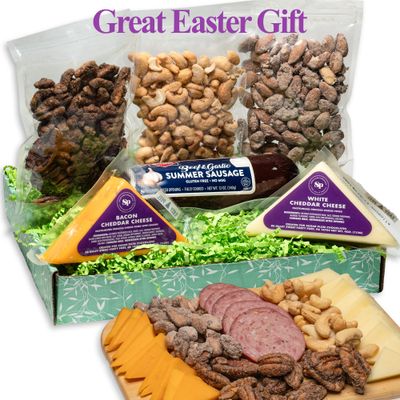 Sausage, Cheese and Nuts Easter Gift Basket for Men, Women, Cashews, Almonds, Maple Pecans, 2 Cheeses, Summer Sausage - Birthday Gift for Men, Women, Family, Friends, Charcuterie, Easter