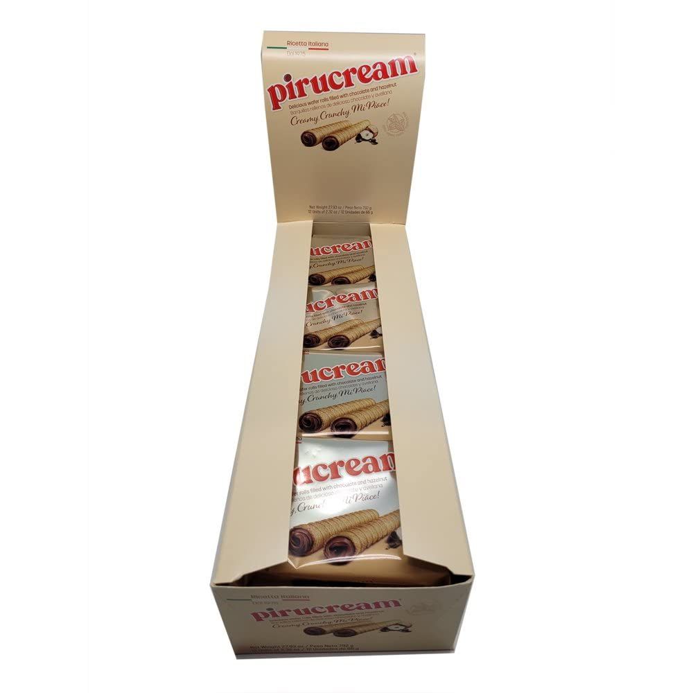 Pirucream Wafer Rolls - Delicious Crispy Chocolate Hazelnut Rolled Wafers Filled Italian Snack Sticks Roll Screen Time Relaxing Cookie Snacking Break 2.33 oz - 1 Display W 12 pack