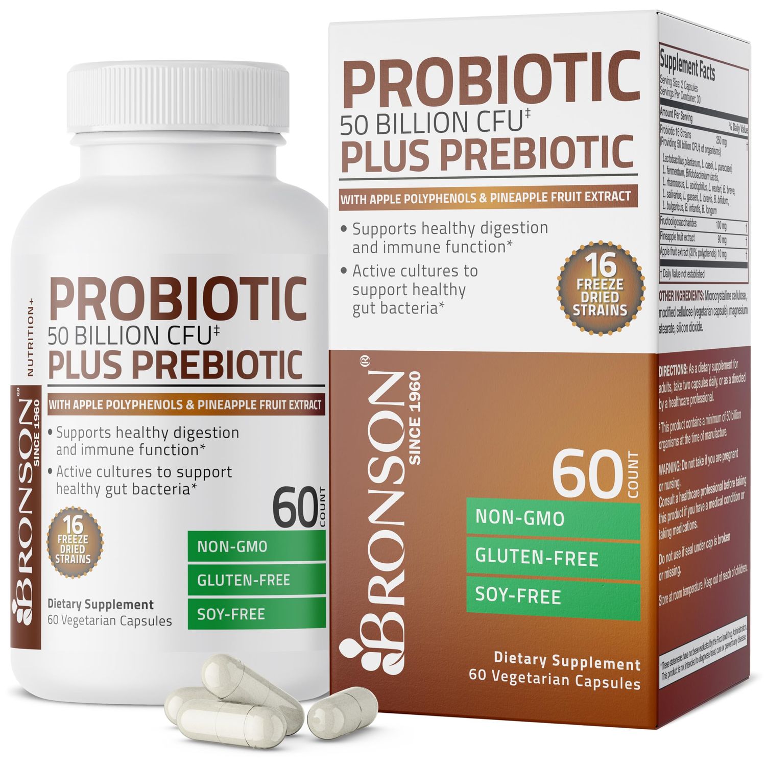 Bronson Probiotic 50 Billion CFU Prebiotic with Apple Polyphenols Pineapple Fruit Extract for Women Men Non-GMO, 60 Vegetarian Capsules