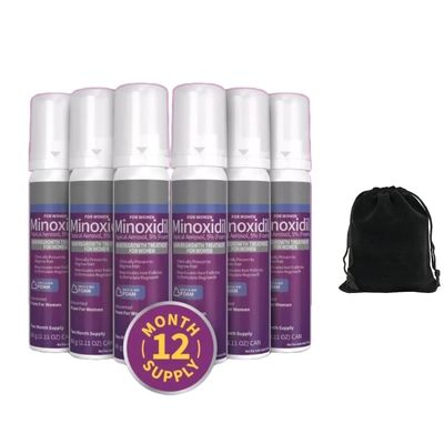 Kirkland Signature 5 Minoxidil Foam for Women, Hair Loss Regrowth Treatment, 12-Month Supply, Unscented, Easy Application, 6 Cans, Includes Storage Pouch, Clear