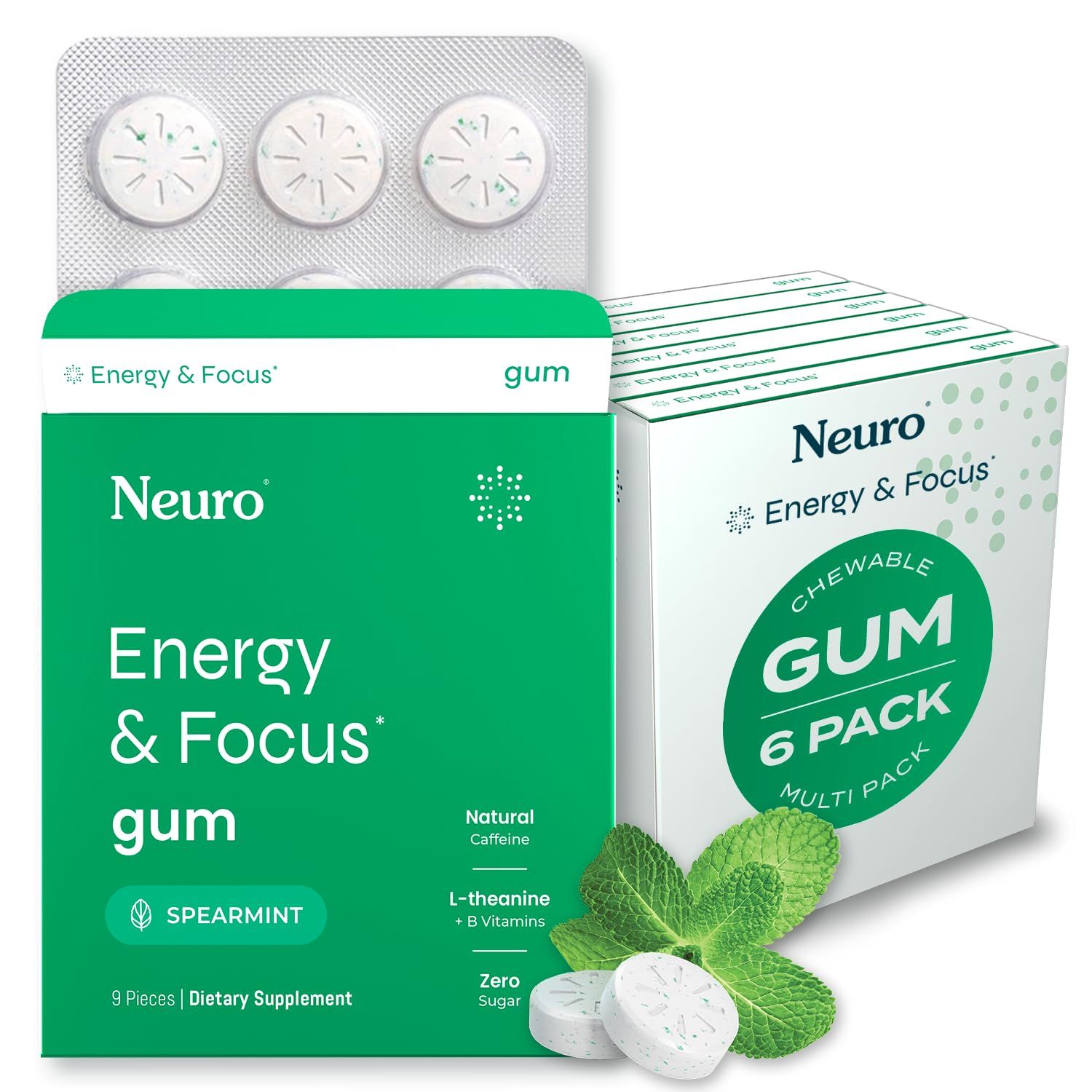 Neuro Energy Caffeine Gum 54 Pieces - Sugar Free with L-theanine Natural Caffeine Vitamin B12 B6 - Nootropic Energy Focus Supplement for Women Men - Keto Vegan, Spearmint Flavor