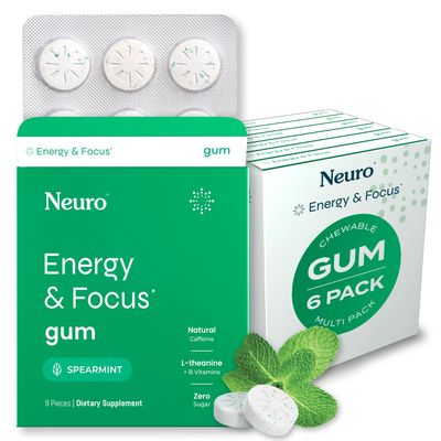 Neuro Energy Caffeine Gum 54 Pieces - Sugar Free with L-theanine Natural Caffeine Vitamin B12 B6 - Nootropic Energy Focus Supplement for Women Men - Keto Vegan, Spearmint Flavor
