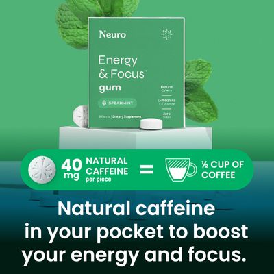 Neuro Energy Caffeine Gum 54 Pieces - Sugar Free with L-theanine Natural Caffeine Vitamin B12 B6 - Nootropic Energy Focus Supplement for Women Men - Keto Vegan, Spearmint Flavor
