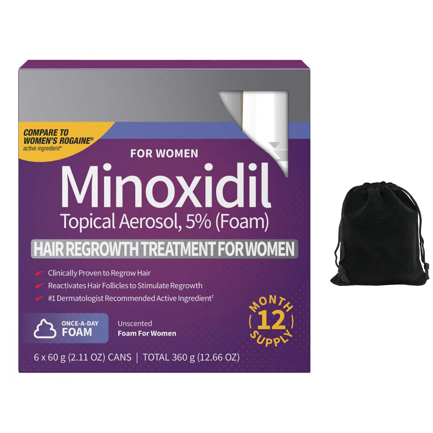 Kirkland Signature 5 Minoxidil Foam for Women, Hair Loss Regrowth Treatment, 12-Month Supply, Unscented, Easy Application, 6 Cans, Includes Storage Pouch, Clear