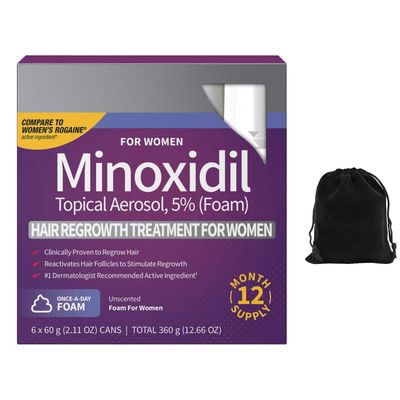 Kirkland Signature 5 Minoxidil Foam for Women, Hair Loss Regrowth Treatment, 12-Month Supply, Unscented, Easy Application, 6 Cans, Includes Storage Pouch, Clear