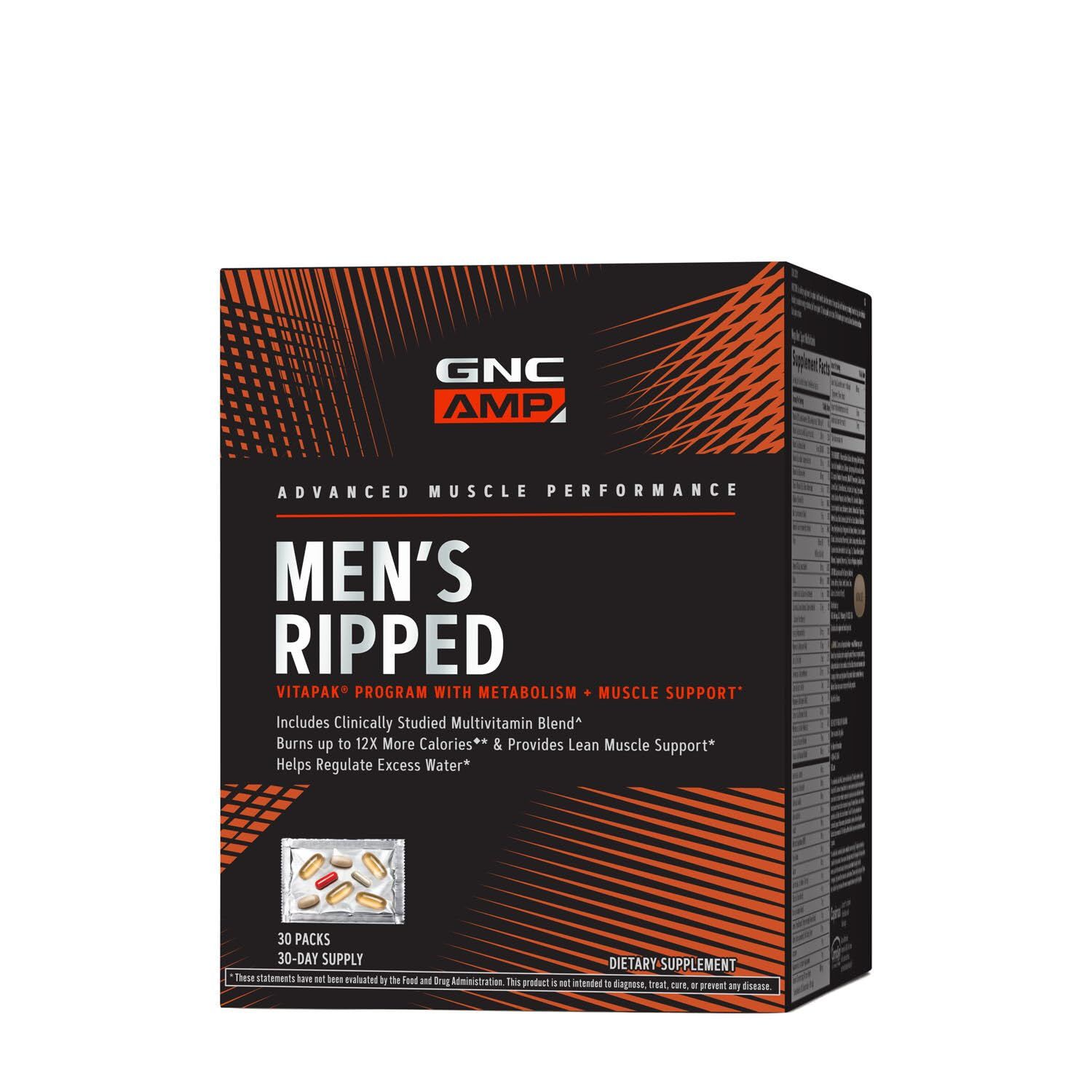 GNC AMP Men s Ripped Vitapak Program, 4 in 1 Product Vitamin Pack, Metabolism Lean Muscle Tone, Burn Calories, Water Shedding, Adult Multivitamin, Caffeine, CLA, Proven Ingredients, 30-Day Supply
