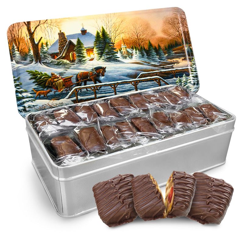 Beatrice Bakery Co Grandmas Original Individually Wrapped Chocolate Covered Fruitcake Slices, Real Fruit and Nuts Freshly Made, Brandy, Bourbon and Rum Fruitcake, Est. 1917 18 Slices, 16 oz Tin