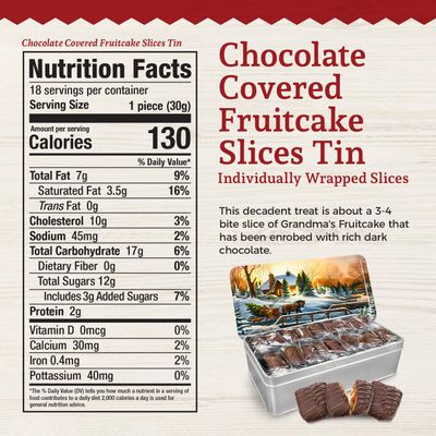 Beatrice Bakery Co Grandmas Original Individually Wrapped Chocolate Covered Fruitcake Slices, Real Fruit and Nuts Freshly Made, Brandy, Bourbon and Rum Fruitcake, Est. 1917 18 Slices, 16 oz Tin