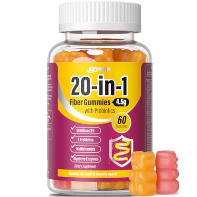 EYHBQIA Fiber Supplement 20-in-1, Fiber Gummies for Adults, 50 Billion CFU Probiotic Prebiotic Supplement with Inulin, Psyllium, Support for Gut Digestive Health, 60-Count, Peach Orange