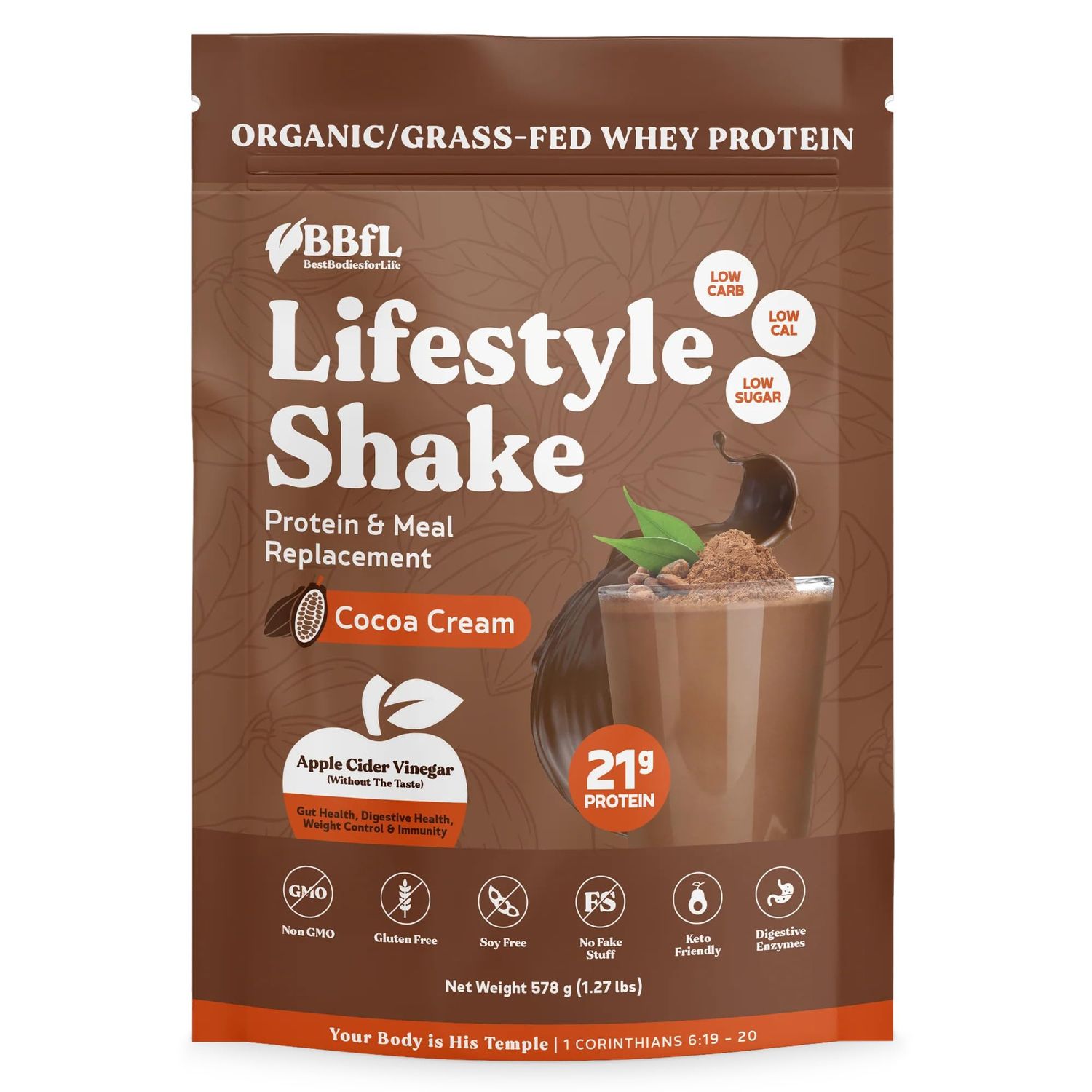 BBfL Meal Replacement Shakes, 21g Protein, Organic Whey Protein Powder, Apple Cider Vinegar, Digestive Enzymes, All in One Shake for Women Men 15 Servings, Cocoa Cream
