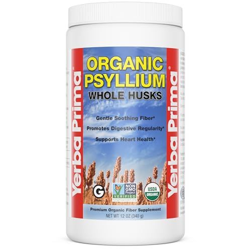 Yerba Prima Organic Psyllium Whole Husks 12 oz - Natural Dietary Fiber Supplement, Non GMO, Gluten Free, Keto and Vegan Friendly for Regularity Support, Unflavored